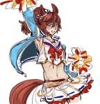  1girl animal_ears arm_up armpits belt blue_jacket blush bow breasts brown_eyes brown_hair cheerleader crop_top highres horse_ears horse_girl horse_tail jacket looking_at_viewer midriff navel nice_nature_(run_&amp;_win)_(umamusume) nice_nature_(umamusume) open_mouth pikminpreggedup pom_pom_(cheerleading) ponytail red_bow shirt simple_background skirt smile solo sweat tail umamusume white_background white_shirt white_skirt 