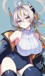  1girl ahoge black_coat blonde_hair blue_background blue_shorts blush breasts brown_halo coat commentary covered_navel double-parted_bangs grey_eyes grey_hair hair_between_eyes halo headgear highres large_breasts long_hair looking_at_viewer low_twintails multicolored_hair open_mouth pixel_art renewa_(trickcal) short_shorts shorts simple_background single_off_shoulder sleeveless sleeveless_sweater sleeveless_turtleneck solo streaked_hair sweater thighs tinia_etru trickcal turtleneck turtleneck_sweater twintails two-sided_coat two-sided_fabric white_sweater yellow_coat 