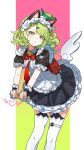  1girl absurdres animal_ears apron backpack bag bell black_dress bow bowtie cat_ears chinese_commentary closed_mouth commentary_request cowboy_shot dress enmaided fake_animal_ears four-finger_heart_hands frilled_apron frilled_dress frilled_sleeves frills gradient_background green_eyes green_hair green_nails hair_ornament hairclip heart heart_hands highres hitomi_(tongshou) jingle_bell layered_dress leaning_forward looking_at_viewer maid maid_apron maid_headdress medium_hair nail_polish official_alternate_costume ponytail puffy_short_sleeves puffy_sleeves randoseru red_bow red_bowtie short_sleeves solo standing sunna_(afternoon_tea_break)_(zenless_zone_zero) sunna_(zenless_zone_zero) thighhighs two-tone_background white_thighhighs wrist_cuffs zenless_zone_zero zettai_ryouiki 