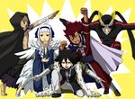  1girl 4boys angel_(fairy_tail) cape cobra_(fairy_tail) dragon_ball dragonball_z erigor everyone fairy_tail feather feathers ginyu_force_pose hairband midnight_(fairy_tail) multiple_boys parody racer_(fairy_tail) scar spiked_hair sunano_sasori tattoo 