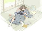  1boy absurdres akechi_goro architecture black_cat blue_kimono book brown_hair cat chinese_commentary closed_eyes commentary_request east_asian_architecture electric_fan food fruit hair_between_eyes hand_fan highres indoors japanese_clothes kimono lccc lying male_focus obi on_back open_book paper_fan persona persona_5 sash short_hair shouji sleeping sliding_doors socks solo striped_clothes striped_kimono tatami uchiwa watermelon watermelon_slice white_socks yellow_sash 