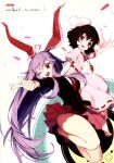  2girls absurdres ahoge animal_ears arm_up barefoot black_hair black_jacket black_shoes breasts bullet buttons carrot_necklace collared_shirt crescent crescent_pin dress fingernails floating_clothes floating_hair flying frills from_side full_body hair_between_eyes harafha highres inaba_tewi index_finger_raised jacket jewelry lapels large_breasts long_dress long_hair long_sleeves looking_at_viewer miniskirt multiple_girls necklace necktie one_eye_closed open_mouth pink_dress pink_skirt pleated_skirt puffy_short_sleeves puffy_sleeves purple_hair rabbit_ears rabbit_girl rabbit_tail red_eyes red_necktie reisen_udongein_inaba ribbon-trimmed_dress ribbon_trim scan shirt shoes short_hair short_sleeves sidelocks skirt smile socks tail teeth toenails tongue touhou v-shaped_eyebrows very_long_hair white_background white_shirt white_socks 