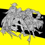  2boys 3girls ahoge animal_hood animal_on_head bird bird_on_head black_background commentary_request crazy_eyes deformed greyscale_with_colored_background grin hands_in_pockets heart heart_in_mouth hood hood_up huge_ahoge lize_helesta lize_helesta_(1st_costume) long_hair makaino_ririmu makaino_ririmu_(2nd_costume) multiple_boys multiple_girls nijisanji on_head oshaka_(haguki) panda_hood sasaki_saku sasaki_saku_(1st_costume) sebastian_piyodore sharp_teeth short_hair sidelocks simple_background sketch skirt sleeves_past_wrists smile teeth uzuki_kou uzuki_kou_(3rd_costume) virtual_youtuber yashiro_kizuku yashiro_kizuku_(1st_costume) yellow_background 
