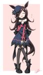  1girl :d animal_ears ankle_bow bare_shoulders black_bow black_collar black_feathers black_shoes black_thighhighs blue_dress blue_flower blue_hat border bow bowler_hat brown_hair closed_eyes collar commentary_request dagger detached_collar dress feathers flipped_hair flower flying_sweatdrops generalcanon hand_on_own_chest hat hat_flower highres horse_ears horse_girl horse_tail knees_together_feet_apart knife lace-trimmed_thighhighs lace_trim long_hair off-shoulder_dress off_shoulder open_mouth outside_border partial_commentary pigeon-toed pink_background raised_inner_eyebrows red_sleeves rice_shower_(rosy_dreams)_(umamusume) rice_shower_(umamusume) sheath sheathed shoes signature simple_background smile solo standing strapless strapless_dress tail thighhighs umamusume weapon white_border 