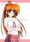  alternate_hairstyle blush breast_hold breasts brown_hair cleavage cosplay crossed_arms diesel-turbo hair_ribbon hentai_ouji_to_warawanai_neko. large_breasts long_hair lyrical_nanoha mahou_shoujo_lyrical_nanoha_strikers pleated_skirt ponytail purple_eyes ribbon seiyuu_connection short_sleeves skirt smile solo takamachi_nanoha tamura_yukari translated tsutsukakushi_tsukushi tsutsukakushi_tsukushi_(cosplay) 