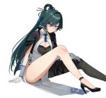  1girl a5235 black_jacket black_panties black_shirt black_shoes black_survival breasts china_dress chinese_clothes cleavage commentary cropped_jacket dress eternal_return:_black_survival gloves green_eyes green_hair hair_between_eyes hair_ornament hair_stick high_heels highres jacket long_hair long_sleeves medium_breasts open_clothes open_jacket panties panty_straps pelvic_curtain shirt shoes single_leg_pantyhose sitting sleeve_slit smile underwear very_long_hair white_dress white_gloves xuelin_(black_survival) 