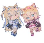  2girls :d animal_collar animal_ear_fluff animal_ears bandaid bandaid_hair_ornament belt bib_collar black_jacket blonde_hair blue_belt blue_eyes blue_hairband blue_shoes chain chibi chibi_only collar commentary dog_ears dog_girl dog_tail dress english_commentary fake_horns fishnet_socks fishnets frilled_sleeves frills full_body fur-trimmed_jacket fur_trim fuwawa_abyssgard fuwawa_abyssgard_(1st_costume) hair_ornament hairband headphones headphones_around_neck hololive hololive_english horned_headwear horns jacket kneehighs long_hair looking_at_viewer medium_hair mococo_abyssgard mococo_abyssgard_(1st_costume) multiple_girls open_mouth pink_belt pink_eyes pink_shoes rimu_(ringokurimu) shirt shoes short_shorts shorts siblings simple_background single_sock sisters sleeves_past_fingers sleeves_past_wrists smile sneakers socks tail twins virtual_youtuber white_background white_dress white_shirt white_shorts x_hair_ornament 