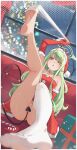  1girl absurdres alternate_costume bare_shoulders barefoot bell black_tail blue_archive blush box breasts candy candy_cane christmas christmas_tree commentary couch demon_tail dress elbow_gloves english_commentary english_text feet food foot_focus foreshortening full_body fur-trimmed_dress fur-trimmed_headwear fur_trim gift gift_box gloves green_hair halo hat highres hikari_(blue_archive) indoors kneepits leg_up legs long_hair looking_at_viewer merry_christmas neck_bell no_shoes on_couch open_mouth ozzyart_0221 pointy_ears pom_pom_(clothes) red_dress red_gloves red_hat removing_sock santa_costume santa_dress santa_hat see-through_clothes see-through_legwear single_sock single_thighhigh socks soles solo strapless strapless_dress sweat tail thighhighs thighs toes variant_set white_socks white_thighhighs yellow_eyes 