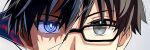  1boy black_eyes black_hair blue_eyes commentary_request crack cracked_screen glasses glowing glowing_eye hair_between_eyes heterochromia looking_at_viewer male_focus messy_hair mystic_eyes_of_death_perception shade solo tohno_shiki tsukihime tsukihime_(remake) weilaizuigao703 