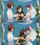  1boy 2girls absurdres bare_shoulders blush bow bridal_veil brown_hair closed_eyes commentary_request dress english_text gegege_no_kitarou hand_grab highres inuyama_mana kitarou meme multiple_girls nekomusume nekomusume_(gegege_no_kitarou_6) o3o purple_hair silanduqiaocui suit sweater turtleneck turtleneck_sweater veil wedding wedding_dress white_bow white_suit 