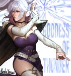  1girl armpits belt black_choker boots breasts bridal_gauntlets cape choker cleavage collarbone commentary dress earrings english_text fingernails fire_emblem fire_emblem:_genealogy_of_the_holy_war floating_hair grey_hair hand_up highres ishtar_(fire_emblem) jewelry large_breasts lips long_hair magic mixed-language_commentary nanbu_yasumi pink_lips ponytail purple_dress purple_eyes side_slit signature solo thigh_boots thighs white_background white_belt white_boots white_bridal_gauntlets 