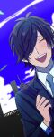  1boy :d aimono_jyushi antenna_hair bag black_hair blazer blue_necktie blue_sky blush closed_eyes cloud collared_shirt commentary_request contrail hair_over_one_eye hatching_(texture) highres holding holding_bag hypnosis_mic jacket linear_hatching long_sleeves male_focus necktie nishino_(fetv8484) official_alternate_hairstyle open_mouth outdoors raised_eyebrows school_uniform shirt shoulder_bag sky smile solo teeth upper_body upper_teeth_only white_shirt 