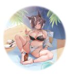 1girl absurdres alternate_costume animal_ears ball barefoot beach beachball bikini black_bikini blue_eyes breasts brown_hair closed_mouth commentary_request day hair_ornament hair_over_one_eye hairclip highres horse_ears horse_girl horse_tail jewelry large_breasts looking_at_viewer lotion micro_shorts multi-strapped_bikini_bottom multicolored_hair navel necklace open_fly outdoors parasol rulership_(umamusume) shinonome_(shinonome_rynn) shoes short_hair_with_long_locks shorts sideboob smile solo stomach strap_pull streaked_hair sunscreen swimsuit tail thighs umamusume umbrella underboob white_shoes white_streaks wristband 