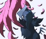  absol asymmetrical_horns asymmetrical_wings black_fur body_fur closed_mouth commentary eve_malus falling_feathers feathers horns looking_at_viewer mega_absol_z no_humans one_eye_covered pokemon pokemon_(creature) pokemon_focus red_eyes simple_background uneven_horns white_background wings 