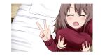  1boy 1girl ^_^ age_difference arm_up blush bob_cut border breasts brown_hair closed_eyes from_above futon game_asset grabbing_another's_breast grabbing_from_behind groping hair_between_eyes hand_up hetero ikeda_(kasutera) indoors large_breasts non-web_source official_art onee-shota open_mouth outstretched_arm pillow self-datamine selfie shizuku_(summer_memories) smile sweater tatami transparent_border turtleneck turtleneck_sweater upper_body v variant_set winter_memories 