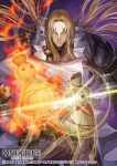  1boy armor basil_hawkins blonde_hair brown_eyes closed_mouth commentary_request copyright_logo copyright_name copyright_notice devil_fruit_power facial_mark fire floating_hair frilled_shirt frills logo long_hair looking_at_viewer male_focus neck_tattoo official_art one_piece one_piece_card_game pauldrons rokushiro_koushi shirt shoulder_armor single_pauldron solo straight-on tattoo white_shirt 