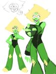  1girl alien blonde_hair chudochudes colored_skin commentary english_commentary face_shield forehead_jewel full_body gem gem_(steven_universe) green_skin highres homeworld_gem_uniform leotard limb_enhancers_(steven_universe) open_mouth peridot_(steven_universe) short_hair simple_background smile steven_universe triangle-shaped_hair 