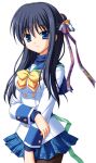  1girl back_bow black_hair black_pantyhose blue_eyes blue_sailor_collar blue_shirt blue_skirt bow bowtie buttons clover_point double-breasted game_asset green_bow hair_ornament hairclip jacket kashiwagi_tsukine long_hair non-web_source official_art pantyhose plaid_clothes plaid_skirt sailor_collar school_uniform shirt simple_background skirt tachi-e transparent_background turtleneck white_jacket yellow_bow yellow_bowtie yuyi 