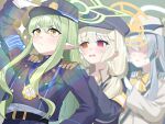  3girls aoba_(blue_archive) blonde_hair blue_archive blurry blurry_background brown_gloves commentary_request depth_of_field gloves green_hair green_halo grey_hair halo hands_on_another's_shoulders hat highlander_railway_academy_student_(hg)_(blue_archive) highres hikari_(blue_archive) kashio_(92984798) long_hair long_sleeves low_twintails multiple_girls newsboy_cap pointy_ears red_eyes shining sparkle twintails upper_body white_gloves yellow_eyes yellow_halo 