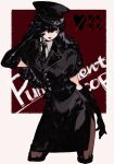  1boy absurdres amamiya_ren black_gloves black_hair black_hat black_jacket black_necktie black_pantyhose black_skirt boots collared_shirt crossdressing crossdressing_(mtf) cuffs elbow_gloves gloves hair_over_one_eye handcuffs hat highres holding holding_handcuffs jacket legs_apart long_hair looking_at_viewer male_focus necktie official_alternate_costume pantyhose persona persona_5:_dancing_star_night persona_dancing police police_hat police_uniform red_lips saichuu_(more1208) shirt side_slit simple_background skirt trap white_background white_shirt 