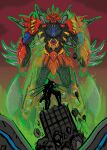  absurdres arm_blade aura battle_damage biomechanical bug_(getter_robo_arc) building commentary damaged debris english_commentary extra_faces getter_arc getter_rays getter_robo getter_robo_arc getter_saint_dragon giant glowing grand_scale highres horns mecha mecha_focus outdoors red_sky redesign robot ruins science_fiction shin_dragon_(arc) shin_getter_dragon sky spikes super_robot victor2716 weapon yellow_eyes 
