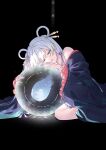  1girl a_world_underneath armpit_crease bamboo_shoot bare_shoulders black_background blue_kimono cho_kaguya-hime! closed_eyes commentary english_commentary facing_viewer fingernails full_body glowing hair_intakes hair_ornament hair_rings hair_stick hakua_(aiziro_039) head_down highres japanese_clothes kimono light_particles long_hair long_sleeves morse_code nail_polish off_shoulder orb parted_lips print_kimono purple_nails ribbon-trimmed_sleeves ribbon_trim runami_yachiyo runami_yachiyo_(tsukuyomi) simple_background sitting sleeping solo tassel twintails very_long_hair white_hair 