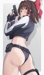  1girl absurdres alternate_costume ass black_gloves black_jacket border bow brown_eyes brown_hair closed_mouth commentary_request commission contemporary fingerless_gloves fingernails frills from_behind glock gloves grey_background gun hair_between_eyes hair_bow hair_ornament hair_tubes hakurei_reimu handgun hands_up headphones high_ponytail highres holding holding_gun holding_weapon jacket long_sleeves looking_at_viewer looking_back microphone multicolored_jacket outside_border pixiv_commission pocket ponytail ramie_(ramie541) red_bow shadow short_hair short_ponytail sidelocks simple_background solo t-back thigh_strap thong touhou two-tone_jacket v-shaped_eyebrows weapon white_border white_jacket 