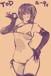  1girl belt_collar breasts choker collar commentary_request elbow_gloves gloves greyscale highres looking_at_viewer monochrome navel negresco ok_sign rutee_katrea short_hair simple_background smile solo tales_of_(series) tales_of_destiny thighhighs very_short_hair 