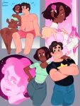  1boy 1girl aged_up alternate_costume aquiline_nose bikini colored_skin connie_maheswaran dark-skinned_female dark_skin highres male_swimwear nose official_alternate_skin_color pink_skin plump short_hair sitting steven_quartz_universe steven_universe steven_universe_future swim_trunks swimsuit sword thetrashbinoverthere weapon 