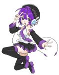  1girl audio_jack beret black_boots black_hat black_skirt boots breasts cable commentary_request detached_sleeves full_body hand_up hat highres long_sleeves looking_at_viewer medium_breasts miniskirt necktie open_mouth purple_eyes purple_hair purple_necktie shirt short_hair simple_background skirt sleeveless sleeveless_shirt solo sonosickte thigh_boots utane_uta utau v white_background white_shirt 