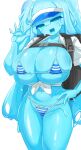  :d absurdres aqua_eyes aqua_hair aqua_skin backpack bag bikini blue_bikini breasts colored_skin commentary_request fang hand_on_own_hip highres hikyou_takarasou huge_breasts long_hair micro_bikini monster_girl navel open_clothes open_mouth open_shirt original shirt simple_background skin_fang slime_girl smile striped_bikini striped_clothes swimsuit two_side_up very_long_hair waving white_background white_bikini white_shirt 