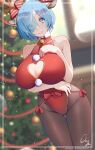  1girl antlers arm_under_breasts bare_arms bare_shoulders bell black_pantyhose blue_eyes blue_hair blurry blurry_background blush border bow breasts christmas christmas_ornaments christmas_tree cleavage cleavage_cutout closed_mouth clothing_cutout commentary covered_navel cowboy_shot depth_of_field dutch_angle english_commentary eyes_visible_through_hair fake_antlers fur-trimmed_leotard fur_trim groin hair_bow hair_ornament hair_over_one_eye hairclip hand_on_own_chest heart_cutout highleg highleg_leotard highres horns huge_breasts indoors leotard looking_at_viewer nail_polish neck_bell ozzyart_0221 paid_reward_available pantyhose re:zero_kara_hajimeru_isekai_seikatsu red_bow red_leotard red_nails reindeer_antlers rem_(re:zero) short_hair signature smile solo standing thigh_gap thighs variant_set white_border x_hair_ornament 