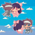  1boy 1girl antenna_hair bandaged_arm bandaged_head bandages black_eyes black_hair blush bow bright_pupils brown_hair cape chibi chibi_only cloud commentary dark-skinned_male dark_skin double-parted_bangs dress english_commentary grey_cape hair_behind_ear hair_between_eyes hair_bow hero_(faraway)_(omori) hero_(omori) highres long_hair looking_at_another lyuz_(justtoseemeplea) mari_(faraway)_(omori) mari_(omori) omori open_mouth parted_lips pink_bow pink_dress pixel_art short_hair smile white_pupils 