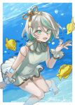  1girl :d absurdres alternate_breast_size_(larger) barefoot braid breasts casual_one-piece_swimsuit cecilia_immergreen colored_inner_hair commentary_request covered_navel doll doll_joints double-parted_bangs fish green_eyes green_hair green_streaks grey_hair hair_between_eyes highres hololive hololive_english joints looking_at_viewer medium_breasts mixed-language_commentary mizuhasi multicolored_hair one-piece_swimsuit open_mouth short_hair side_braid single_braid smile solo streaked_hair swimsuit teeth toes underwater upper_teeth_only virtual_youtuber white_one-piece_swimsuit winding_key wrist_cuffs 
