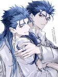  2boys absurdres blue_hair chinese_text cu_chulainn_(caster)_(fate) cu_chulainn_(fate) cu_chulainn_(lancer)_(fate) dual_persona ear_cuffs earrings fate/grand_order fate_(series) highres hug hug_from_behind jewelry long_hair looking_at_viewer male_focus metama multiple_boys open_mouth red_eyes ring shirt simple_background smile tearing_up translation_request upper_body white_background white_shirt 