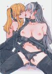  2girls black_choker black_dress black_gloves black_panties black_thighhighs blonde_hair blush breasts breasts_out choker closed_eyes commentary dogbrooo dress ear_blush elbow_gloves fingering french_kiss gloves grey_background grey_hair hand_on_another's_chin heart highres kakegurui kiss large_breasts looking_at_another momobami_ririka multiple_girls nipples panties pussy_juice pussy_juice_puddle saotome_mary simple_background thighhighs tongue tongue_out twintails underwear yellow_eyes yuri 