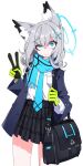  1girl animal_ear_fluff animal_ears bag black_bag black_skirt blue_archive blue_eyes blue_halo blue_jacket blue_necktie blue_scarf closed_mouth commentary_request cross_hair_ornament dr_yamero gloves green_gloves grey_hair hair_ornament half-closed_eye halo highres holding holding_bag jacket looking_at_viewer medium_hair mismatched_pupils necktie open_clothes open_jacket plaid_clothes plaid_skirt pleated_skirt scarf shiroko_(blue_archive) skirt solo wolf_ears wolf_girl 