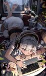  1girl absurdres artist_name barefoot blue_nails book bottle candle closed_mouth computer grey_eyes hani_haya headphones highres jewelry laptop median_furrow multicolored_nails original pillow ring smoke solo two-tone_nails white_hair white_nails window 
