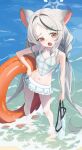  1girl animal_ear_fluff animal_ears bag beach bikini bikini_skirt black_streaks blue_archive blue_halo blush braid breasts commentary contrapposto forehead frilled_bikini frills full_body grey_hair hair_ornament hairclip halo hand_on_own_hip highres holding holding_bag innertube kokona_(blue_archive) kokona_(swimsuit)_(blue_archive) long_hair looking_at_viewer low-tied_long_hair low_twintails multicolored_hair navel nml_(wwg434) ocean official_alternate_costume open_mouth orange_eyes outdoors partially_submerged plaid_bikini plaid_clothes raised_eyebrow raised_inner_eyebrows small_breasts solo standing streaked_hair swim_ring swimsuit twin_braids twintails uneven_eyes very_long_hair wading water 