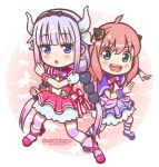  2girls :d :o ahoge amayuki_esuka anya_(spy_x_family) beads black_bow black_hairband blue_eyes blunt_bangs blush boots border bow bow_hairband brooch butterfly_earrings capelet chest_bow child clenched_hands commentary confident cosplay crossover cure_black_pose cure_friendy cure_friendy_(cosplay) cure_white_pose cure_wonderful cure_wonderful_(cosplay) deerstalker dragon_girl dragon_horns dress dress_bow earrings expressionless frilled_wrist_cuffs frills full_body gradient_background gradient_hair green_eyes hair_beads hair_between_eyes hair_ornament hairband hairpods hands_up hat heart heart_brooch horns jewelry jitome kanna_kamui kobayashi-san_chi_no_maidragon legs_apart long_hair looking_at_viewer low-tied_long_hair low_twintails magical_girl medium_hair multicolored_hair multicolored_pantyhose multiple_crossover multiple_girls naganawa_maria open_mouth pact_holder pantyhose petticoat pink_boots pink_bow pink_capelet pink_dress pink_hair pink_pantyhose pink_wrist_cuffs posing pouch precure puffy_short_sleeves puffy_sleeves purple_bow purple_capelet purple_dress purple_hair purple_shoes purple_wrist_cuffs raised_eyebrows round_border shoes short_sleeves side-by-side smile spy_x_family standing striped_bow striped_clothes striped_pantyhose tanezaki_atsumi teeth thighhighs twintails two-tone_hair two-tone_pantyhose upper_teeth_only v-shaped_eyebrows very_long_hair voice_actor_connection white_border white_thighhighs wonderful_precure! wrist_cuffs yellow_pantyhose zettai_ryouiki 
