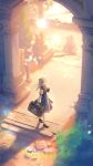 1girl arch black_shoes black_vest blue_skirt bow bowtie closed_mouth commentary_request day flower from_above full_body genshin_impact grass grey_hair hair_flower hair_ornament half_updo hand_on_own_chest hand_up highres holding holding_suitcase juliet_sleeves korean_commentary light_smile long_hair long_sleeves looking_at_viewer mw_(m_aurea00) outdoors pantyhose parted_bangs pillar puffy_sleeves purple_eyes purple_flower shirt shoes skirt solo standing suitcase vest white_bow white_bowtie white_pantyhose white_shirt wide_shot zeitlind_(genshin_impact) 