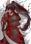  1girl absurdres arm_guards armor arrow_(projectile) black_hair blue_eyes bow_(weapon) chinese_commentary closed_mouth collared_shirt commentary_request dark-skinned_female dark_skin double-parted_bangs enioreh fur_trim gloves hair_ribbon high_ponytail highres holding holding_sword holding_weapon hwando im_gyeong-eop_(project_moon) korean_armor limbus_company long_hair looking_at_viewer necktie ponytail project_moon quiver red_necktie red_ribbon ribbon scale_armor shirt smile smirk solo sword vambraces very_long_hair weapon weapon_on_back white_shirt 