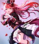  1girl animal_ears asymmetrical_gloves blush breasts commentary_request facial_mark gloves hair_between_eyes hair_ornament hat heart heart_facial_mark heart_hands heart_on_cheek highres horse_ears horse_girl jacket long_hair looking_at_viewer loves_only_you_(9927_wishes)_(umamusume) loves_only_you_(umamusume) mini_hat mismatched_gloves multicolored_hair open_mouth red_hair sanbai2012 skirt smile solo thigh_strap umamusume white_skirt yellow_eyes 
