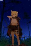 1girl absurdres animal_ear_fluff animal_ears arknights arrow_(projectile) bandaged_arm bandaged_leg bandages black_shorts blonde_hair blood blood_on_bandages bow_(weapon) chinese_commentary commentary_request crop_top cropped_shirt dcy11011 feet_out_of_frame hair_between_eyes hair_ornament hairclip highres holding holding_bow_(weapon) holding_weapon looking_at_viewer material_growth mechanical_arms midriff navel night oripathy_lesion_(arknights) outdoors plant scar scar_on_stomach short_hair shorts single_mechanical_arm sky solo standing star_(sky) starry_sky tail tree vermeil_(arknights) weapon yellow_eyes 