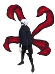  1boy absurdres black_hoodie black_nails black_sclera black_shirt black_shorts colored_sclera commentary_request full_body highres hood hoodie kaneki_ken looking_at_viewer male_focus mask nail_polish red_eyes shirt short_hair shorts simple_background solo standing suumon tokyo_ghoul white_background white_hair 