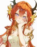  1girl ambience_synesthesia arknights bare_shoulders blush breasts cleavage closed_mouth commentary demon_girl demon_horns hair_between_eyes hand_on_own_face highres horns long_hair medium_breasts off-shoulder_shirt off_shoulder purple_eyes red_hair shirt smile solo surtr_(arknights) surtr_(prelude_to_transcendence)_(arknights) very_long_hair white_shirt yhn_(yesp4483) 