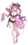 1girl absurdres arknights arknights:_endfield bikini bikini_bottom_under_shorts bikini_under_clothes black_bikini blue_shorts blue_streaks breasts commentary criss-cross_halter dragon_girl dragon_horns dragon_tail eyewear_on_head full_body gakincho02 hair_intakes halterneck highres holding holding_swim_ring horns large_breasts long_hair looking_at_viewer multicolored_hair navel open_clothes open_mouth open_shirt pink_hair plaid_clothes plaid_shirt pointy_ears sandals shirt shorts simple_background smile solo stomach streaked_hair sunglasses swim_ring swimsuit tail twintails two-tone_hair white_background yvonne_(arknights) 