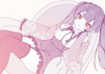  1girl absurdres black_hair blunt_bangs bow bow_legwear bowtie breasts buttons colored_eyelashes commentary double-breasted dutch_angle feet_out_of_frame floral_print floral_print_kimono flower frilled_skirt frilled_sleeves frills garter_straps glass_hime_to_kagami_no_juusha hair_flower hair_ornament hair_ribbon hand_up high-waist_skirt highres japanese_clothes kagurazaka_(zwyz7227) kimono large_breasts limited_palette long_hair long_ribbon looking_ahead parted_lips pink_kimono print_kimono purple_ribbon red_eyes red_flower red_rose red_thighhighs ribbon rose rose_print sasara_orihime shirt sidelocks simple_background sitting skirt smile solo striped_bow striped_bowtie striped_clothes thighhighs v-shaped_eyebrows very_long_hair white_background white_bow white_shirt wide_sleeves zettai_ryouiki 