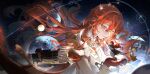  2girls absurdres astral_express_(honkai:_star_rail) asymmetrical_gloves cape chinese_commentary commentary_request dress dress_flower dual_persona earrings floating_hair flower gloves hair_between_eyes hair_ornament highres himeko_(honkai:_star_rail) himeko_(nova)_(honkai:_star_rail) honkai:_star_rail honkai_(series) jewelry long_hair looking_at_another mismatched_gloves multiple_girls parted_lips red_cape red_gloves red_hair sangxin-bingkuang_chang_ergouzi very_long_hair white_dress white_flower white_gloves yellow_eyes 