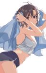  1girl absurdres black_hair black_shorts breasts crop_top dolphin_shorts from_side grey_eyes highres holding holding_towel idolmaster idolmaster_(classic) kikuchi_makoto leaning_forward looking_at_viewer looking_to_the_side medium_breasts navel ryuuboku_(stapler2355) short_hair shorts simple_background solo standing tank_top towel turning_head white_background white_tank_top 